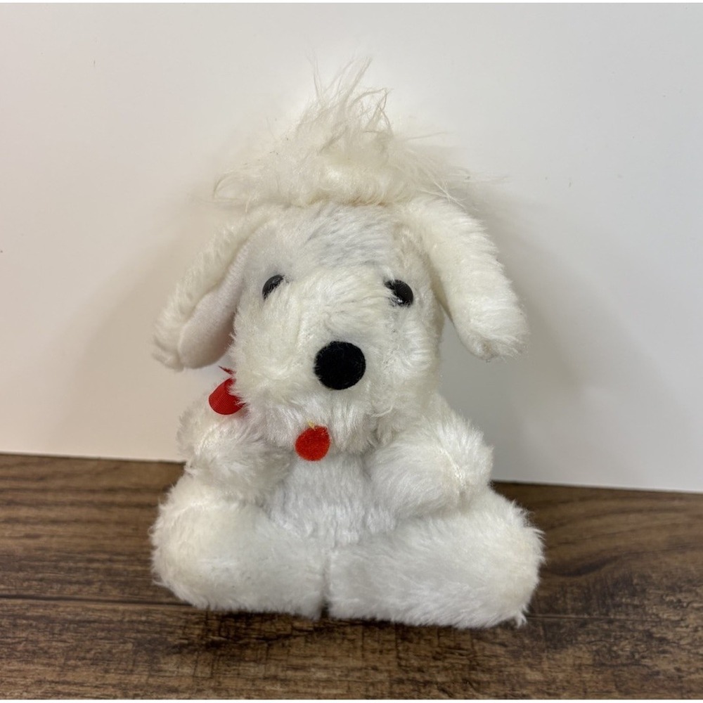 Vintage Mini White Puppy Dog 5" Plush Hard Eyes Red Tongue Bow Dan Dee 1979